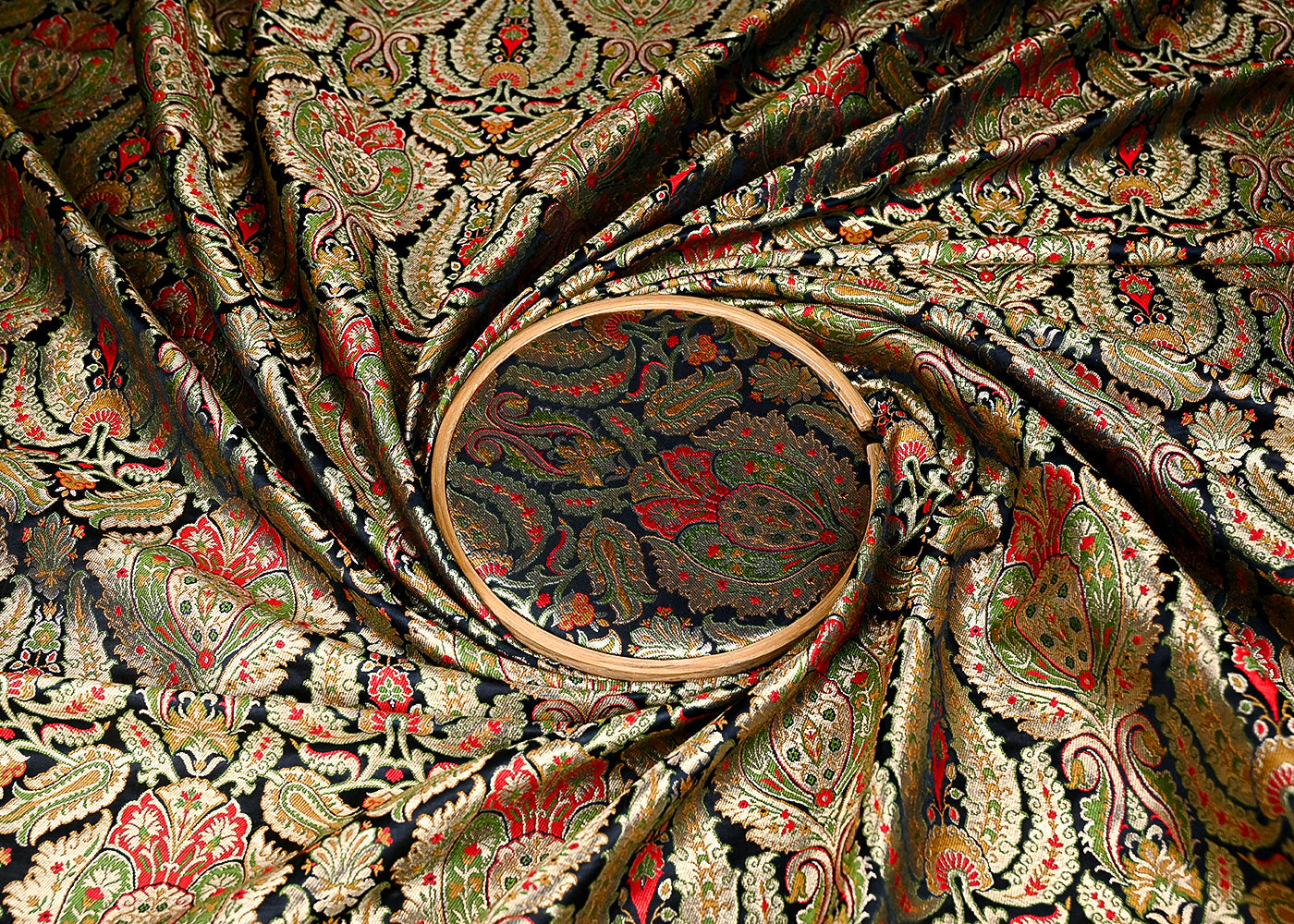 (Pre-Cut 1.9 Mtr) Black Banarasi Brocade Fabric With All Over Thread And Zari Handloom 18808