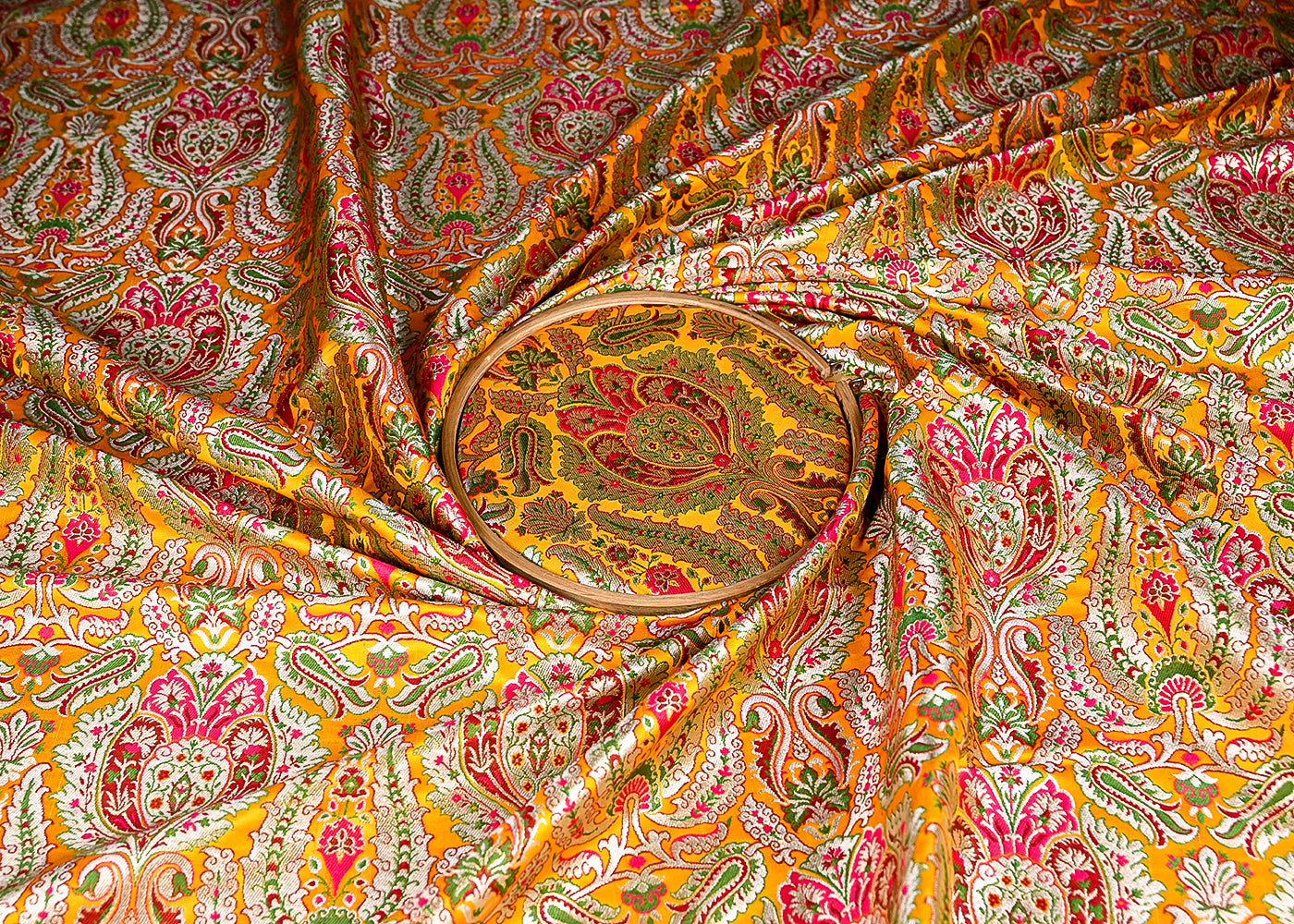 (Pre-Cut 1.6 Mtr) Yellow Banarasi Brocade Fabric With All Over Thread And Zari Handloom 18809