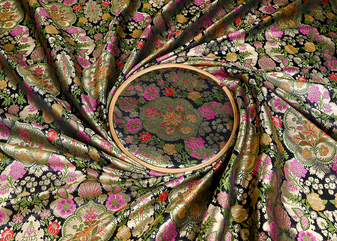 (Pre-Cut 2.35 Mtr) Black Banarasi Brocade Fabric With All Over Thread And Zari Handloom 18814