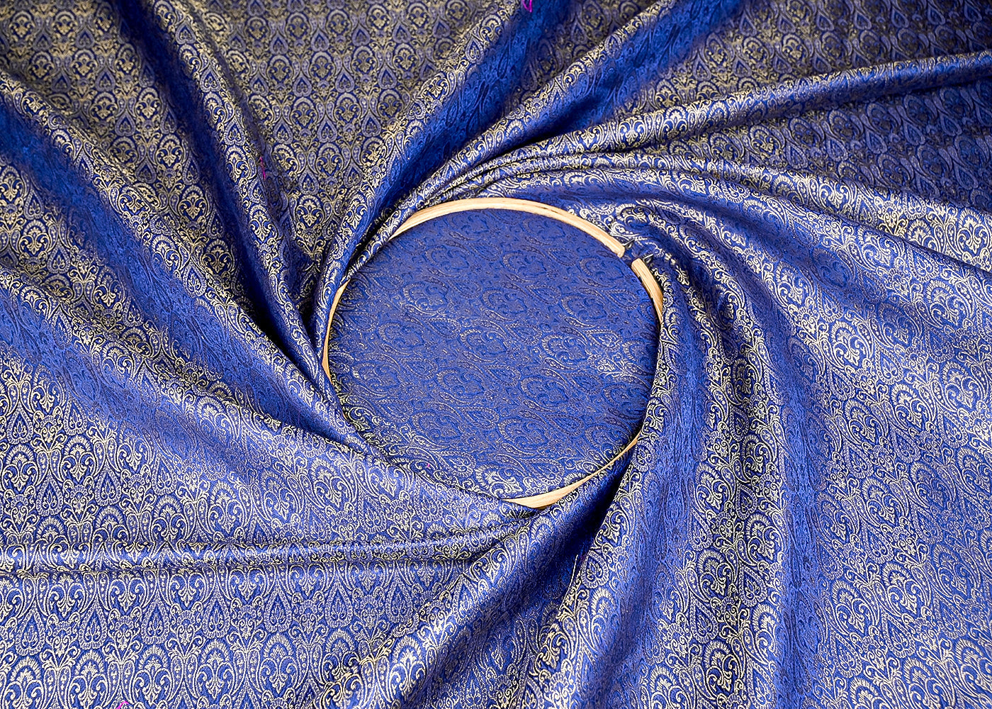 (Pre-Cut 2.7 Mtr) Navy Blue Banarasi Brocade Fabric With All Over Zari Handloom 18816