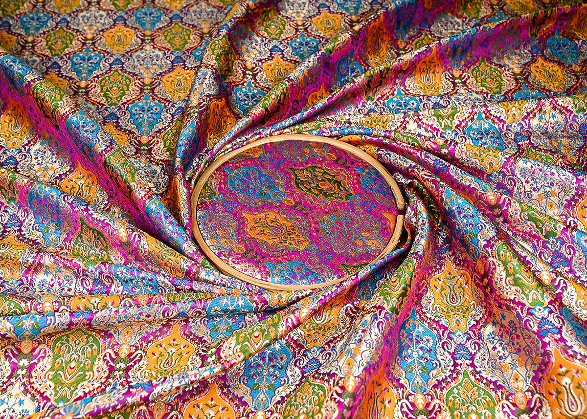 (Pre-Cut 1.8 Mtr) Purple Banarasi Brocade Fabric With All Over Thread