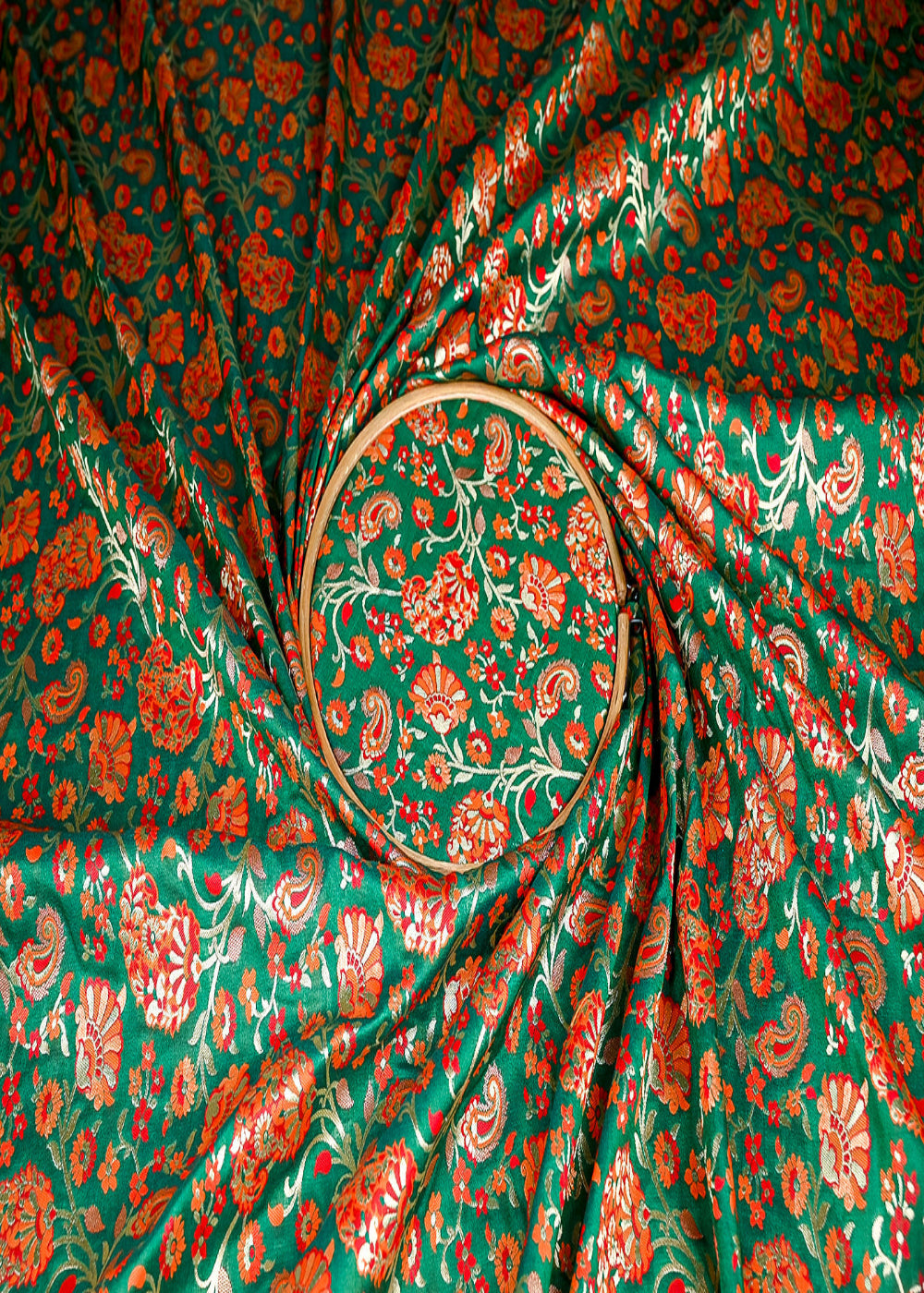 (Pre-Cut-2.3-Mtr)-Green-Banarasi-Brocade-Fabric-With-All-Over-Thread-And-Zari-Handloom-18820
