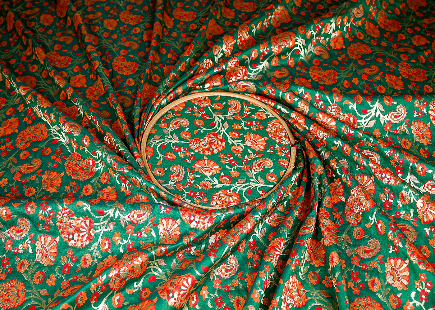 (Pre-Cut 2.3 Mtr) Green Banarasi Brocade Fabric With All Over Thread And Zari Handloom 18820