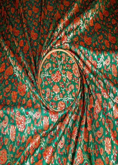 (Pre-Cut 2.3 Mtr) Green Banarasi Brocade Fabric With All Over Thread And Zari Handloom 18820