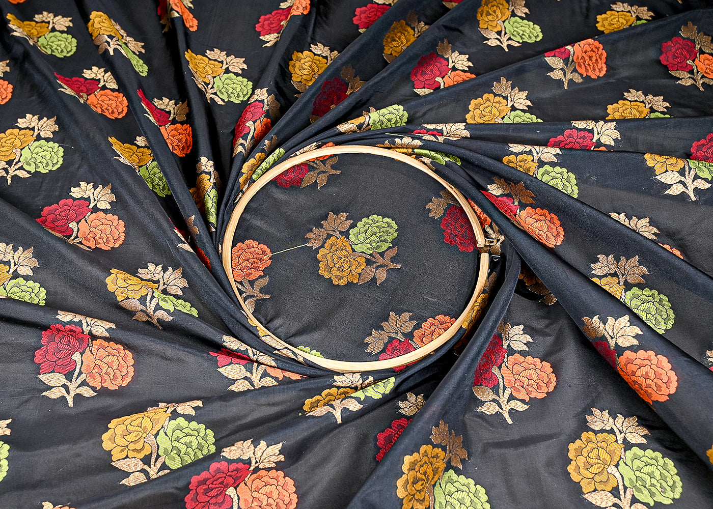 (Pre-Cut 2 Mtr) Black Silk Fabric With All Over Thread And Zari Handloom 18822