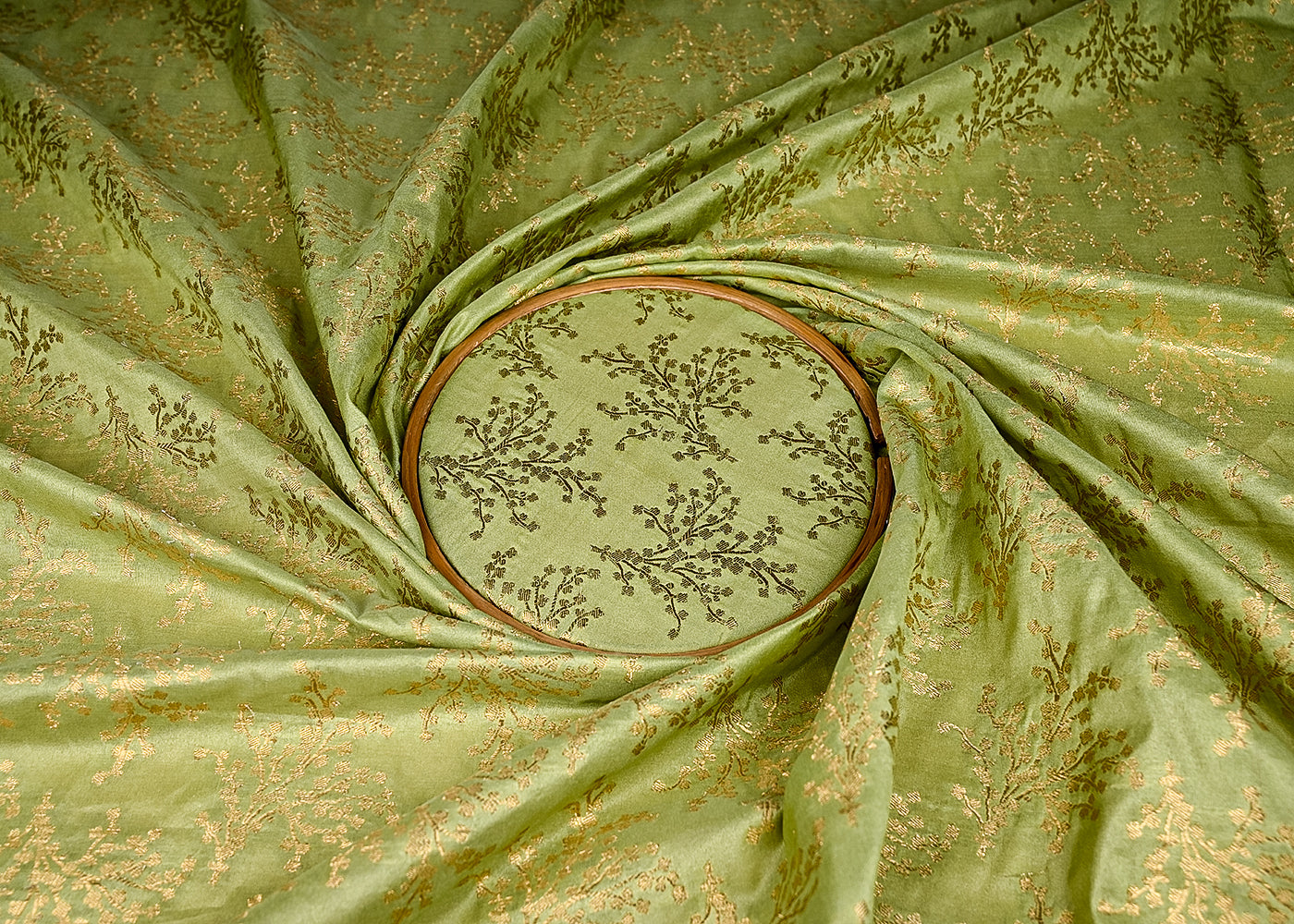 (Pre-Cut 1.1 Mtr) Pista Green Banarasi Brocade Fabric With All Over Zari Handloom 18825