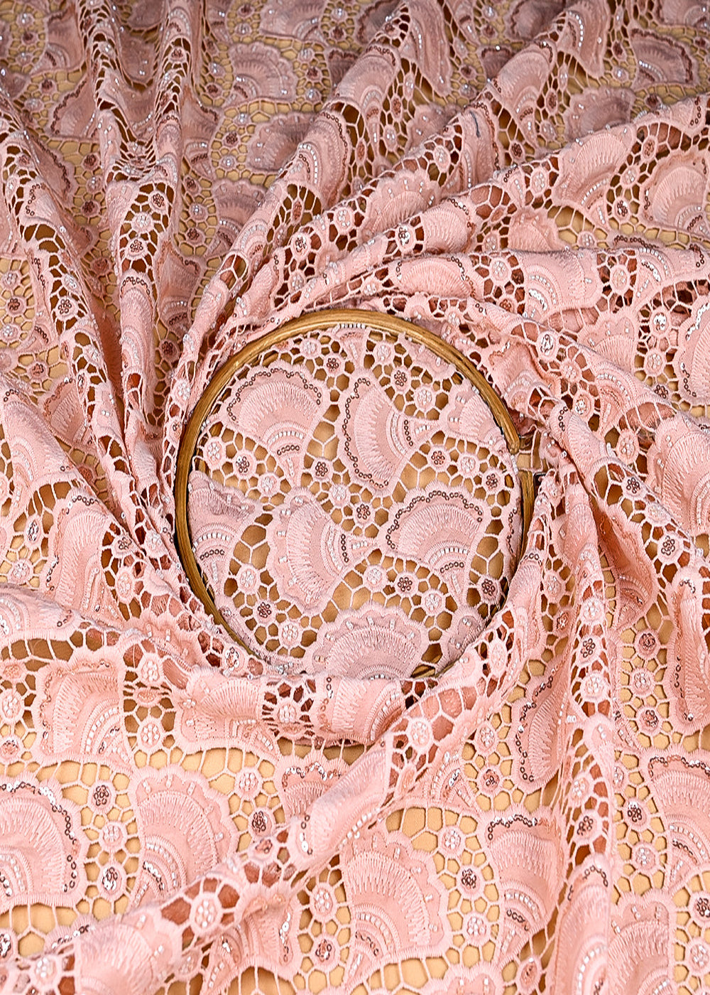 (Pre-Cut 1.15 Mtr) Peach Crepe Fabric With All Over Sequins And Cutwork 18829
