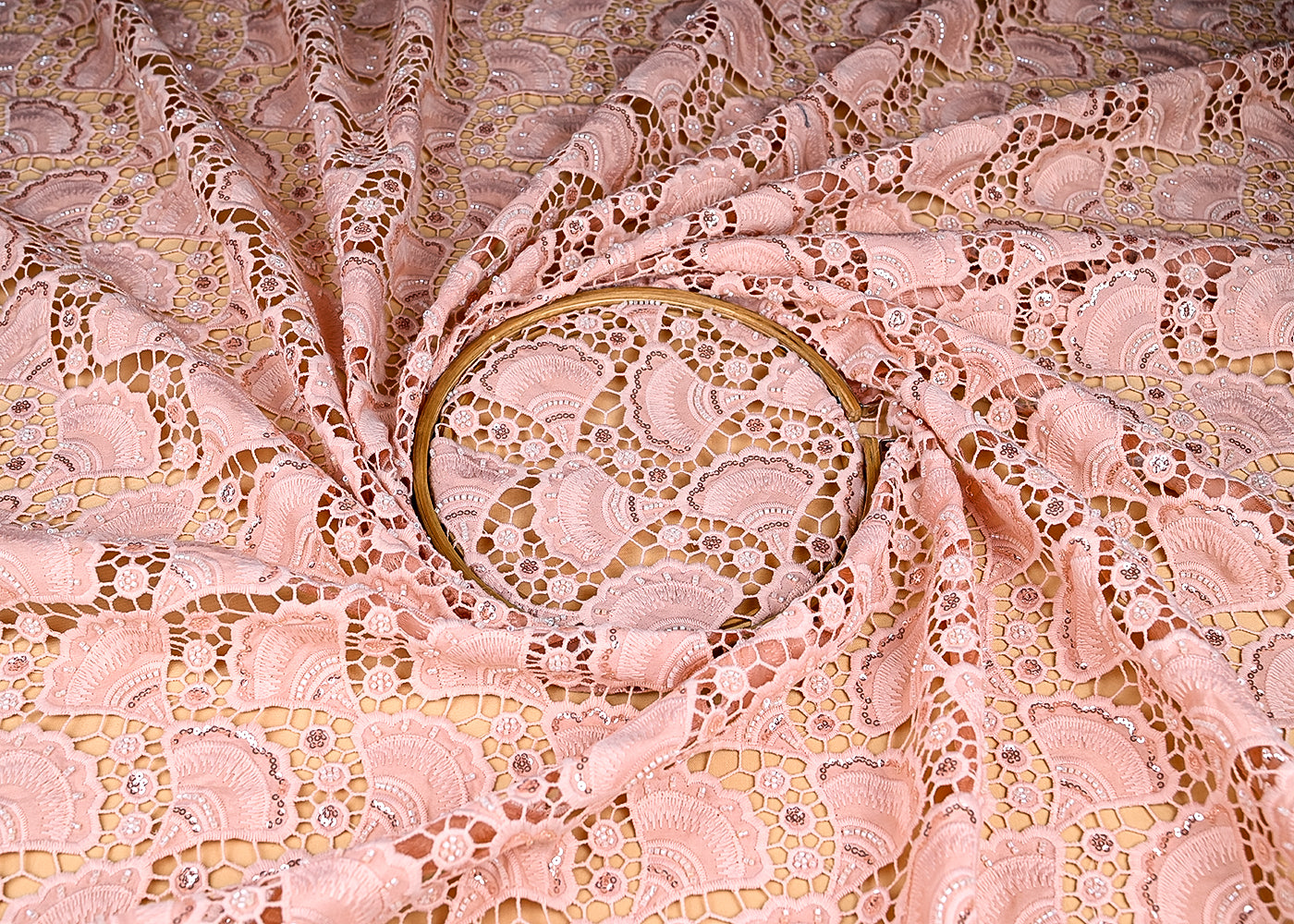(Pre-Cut 1.15 Mtr) Peach Crepe Fabric With All Over Sequins And Cutwork 18829