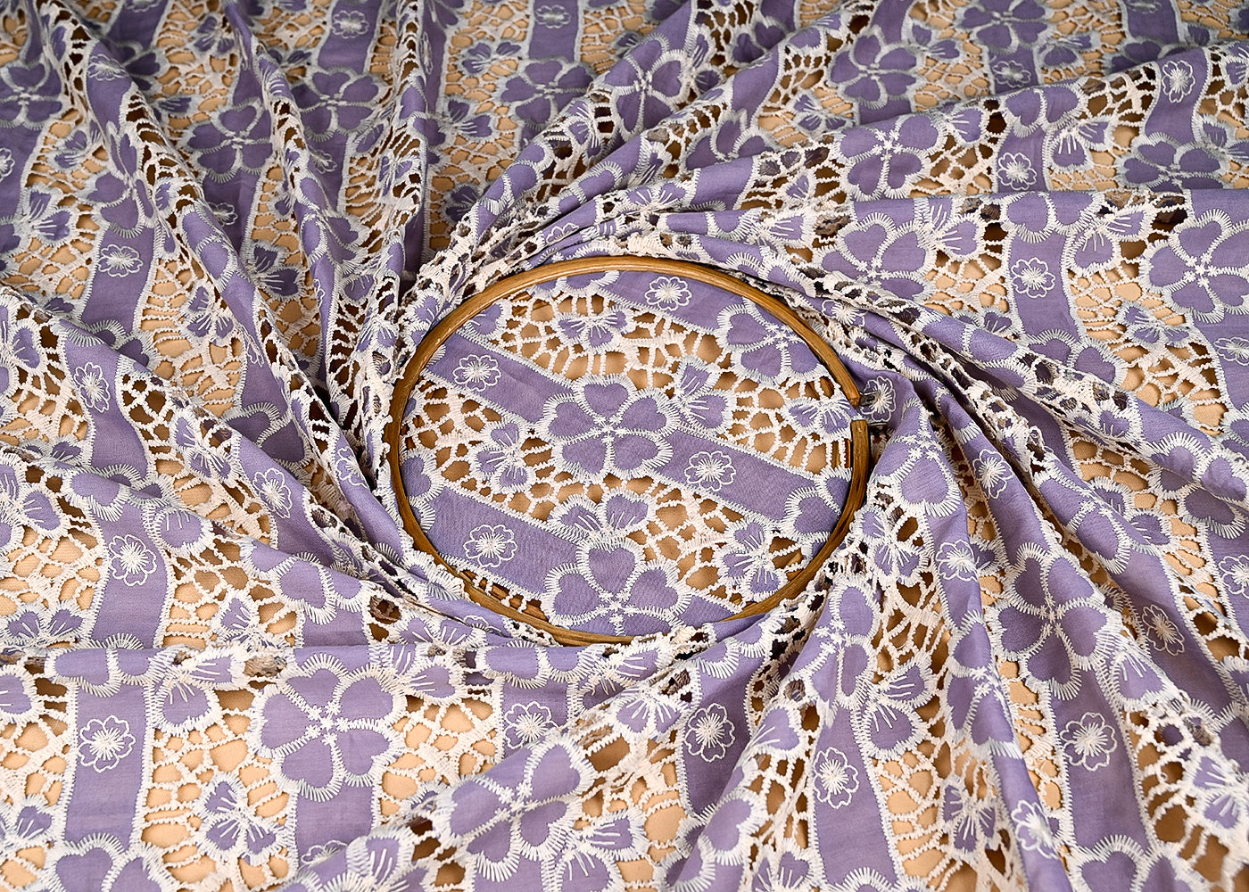 (Pre-Cut 2 Mtr) Lavender Crepe Fabric With All Over Cutwork With Floral Pattern 18830