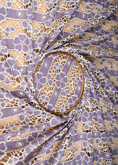 (Pre-Cut 2 Mtr) Lavender Crepe Fabric With All Over Cutwork With Floral Pattern 18830