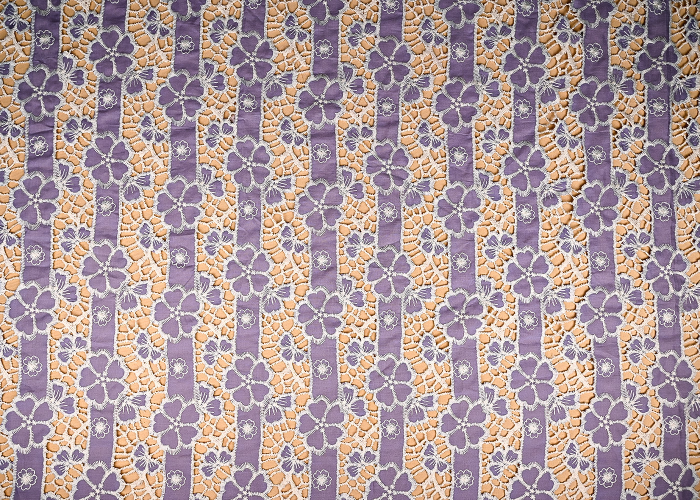 (Pre-Cut 2 Mtr) Lavender Crepe Fabric With All Over Cutwork With Floral Pattern 18830