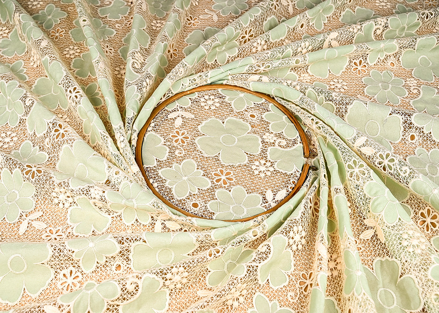 (Pre-Cut 2.4 Mtr) Pista Green Crepe Fabric With All Over Cutwork With Floral Pattern 18831