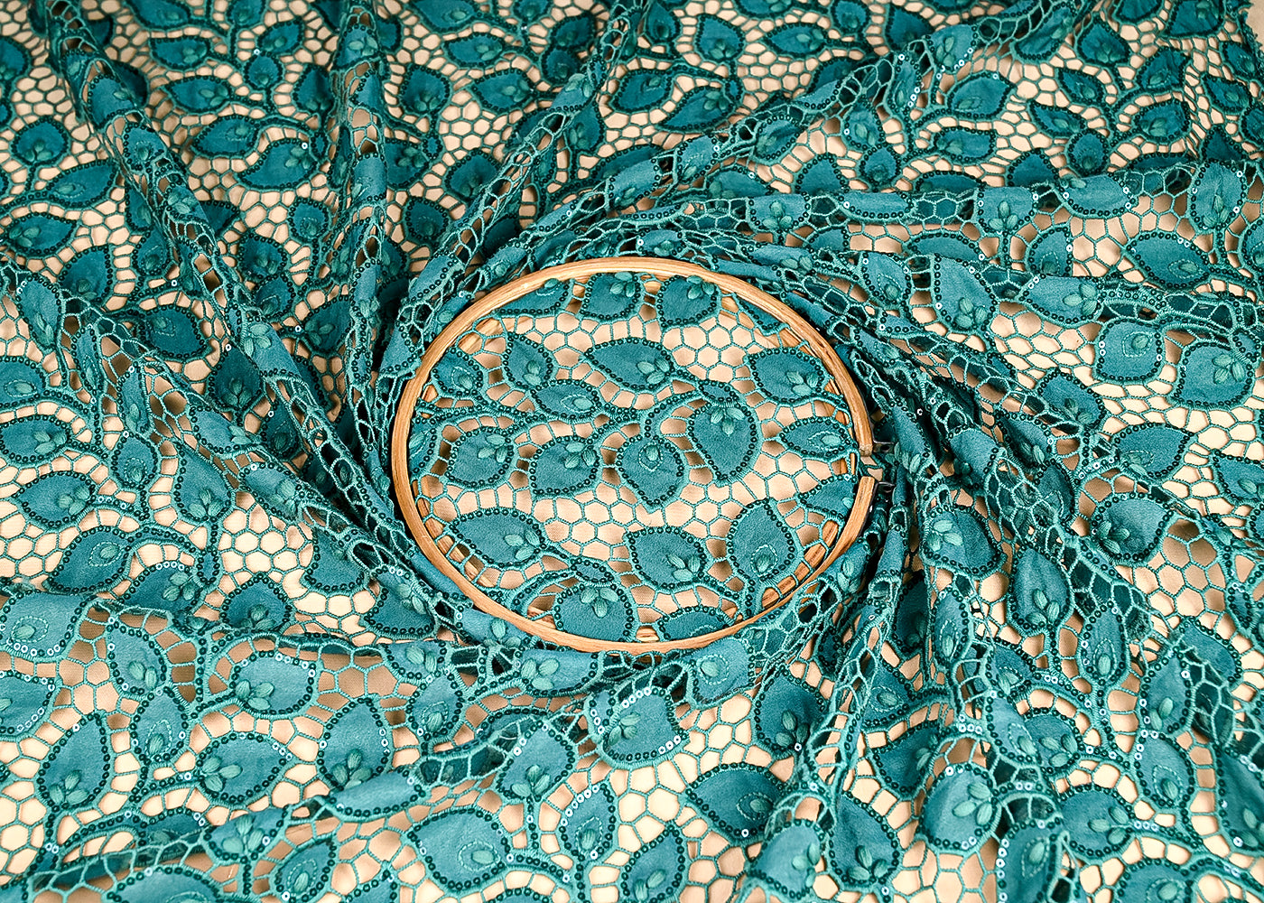 (Pre-Cut 1.15 Mtr) Green Banana Crepe Fabric With All Over Sequins And Cutwork 18832