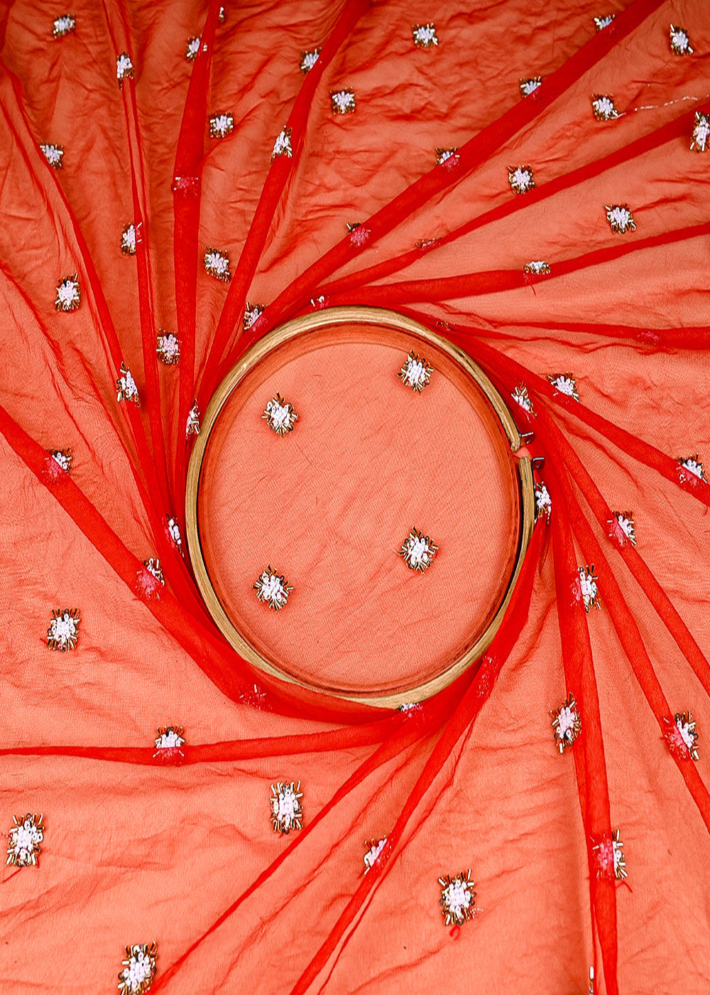 (Pre-Cut-2.1-Mtr)-Red-Net-Fabric-With-All-Over-Sequins-Katdana-And-Bead-Work-18834