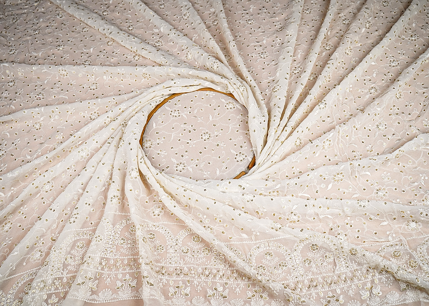 (Pre-Cut 3 Mtr) White Georgette Fabric With All Over Thread And Sequins Work With One Side Border 18839