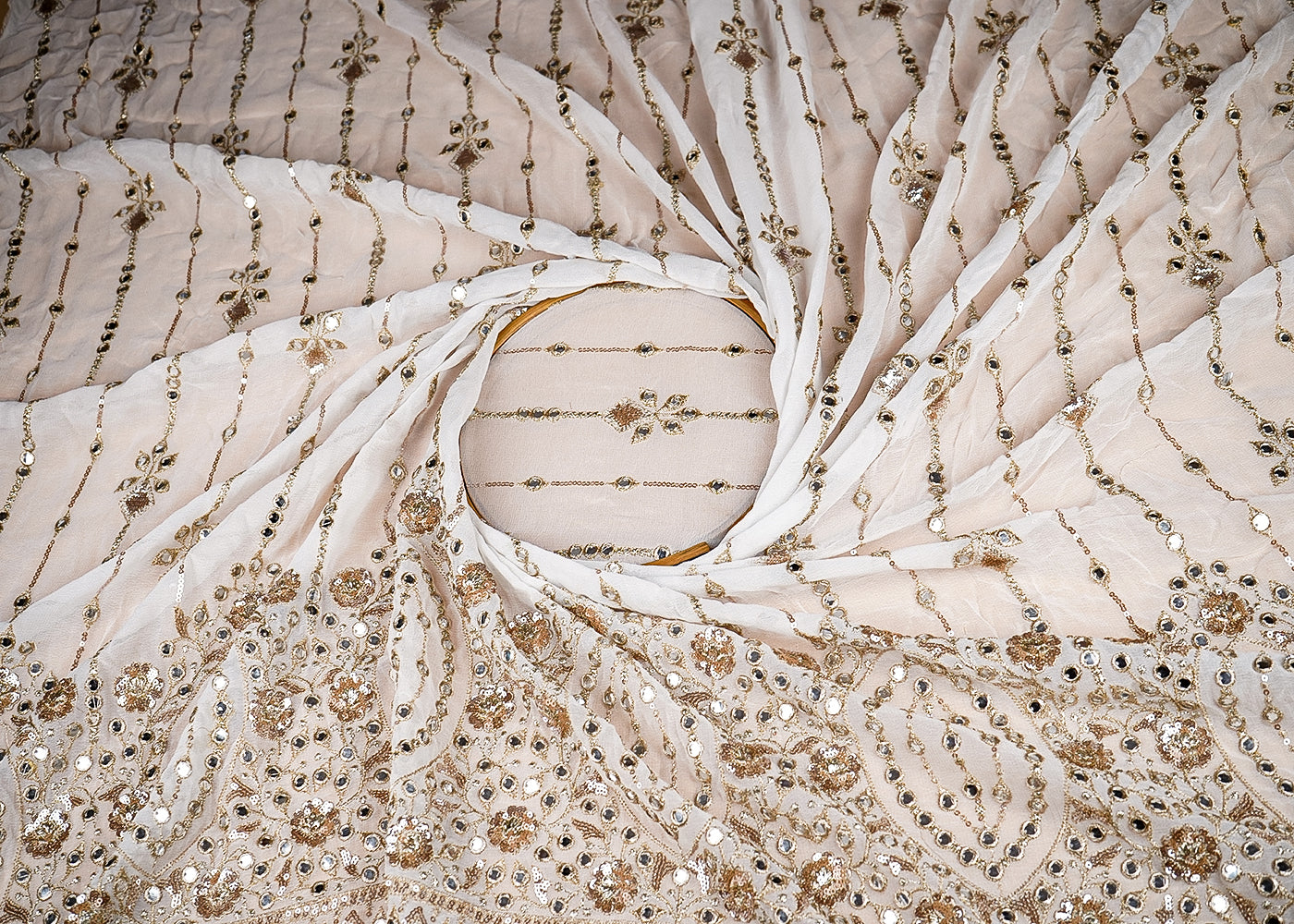 (Pre-Cut 1.8 Mtr) White Georgette Fabric With All Over Sequins And Faux Mirror Work 18840