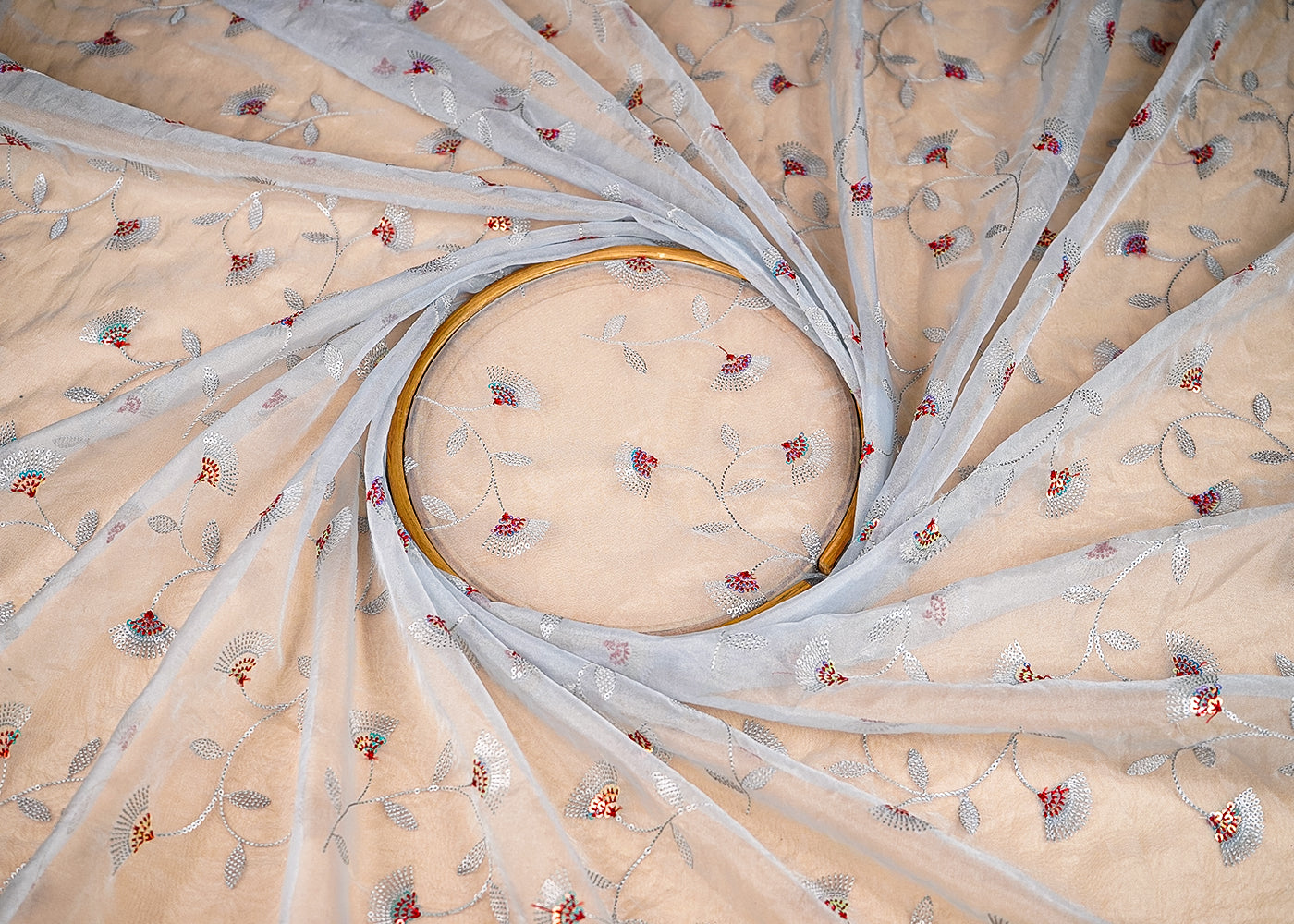 (Pre-Cut 3 Mtr) Grey Organza  Fabric With All Over Sequins Work 18842