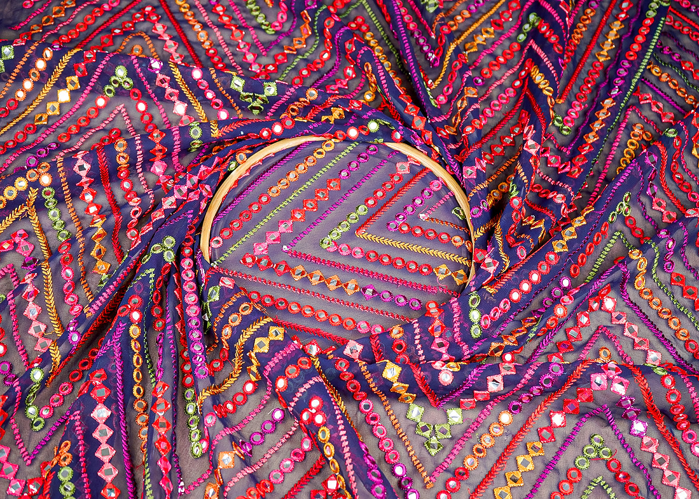 (Pre-Cut 2 Mtr) Navy Blue Georgette Fabric With All Over Thread And Faux Mirror 18845