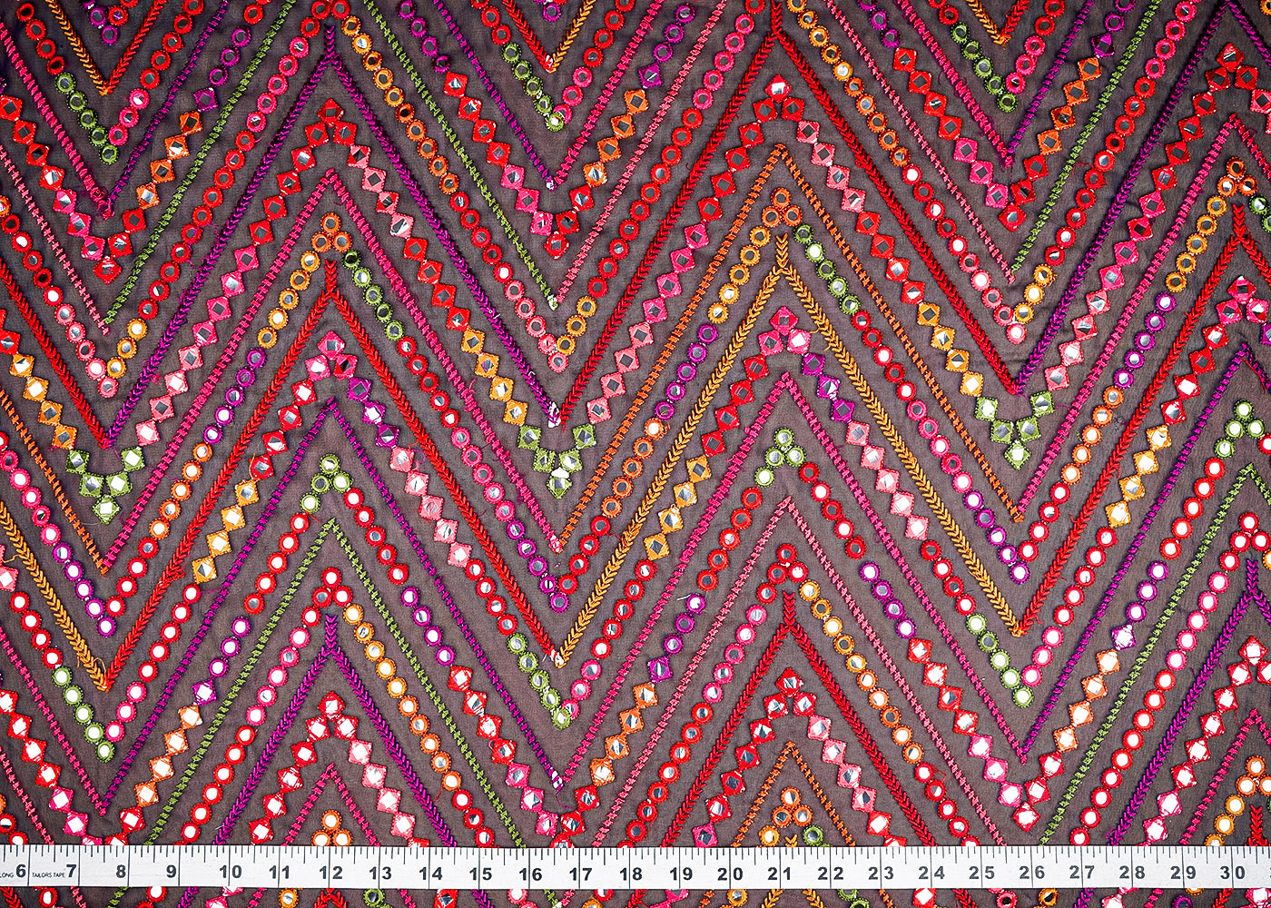 (Pre-Cut 2 Mtr) Navy Blue Georgette Fabric With All Over Thread And Faux Mirror 18845