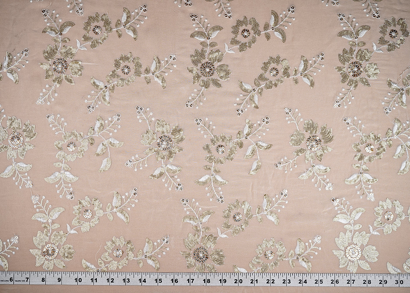 (Pre-Cut 1.6 Mtr) White Georgette Fabric With All Over Thread And Sequins Work  18846