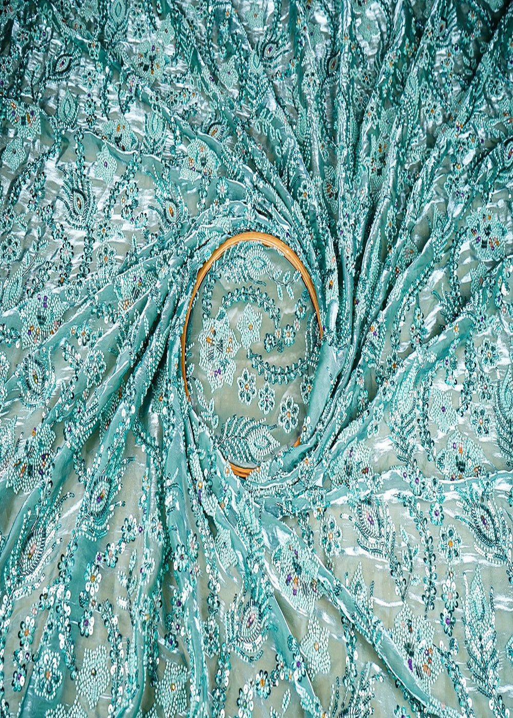 (Pre-Cut-1.7-Mtr)-Rama-Green-Organza-Satin-Fabric-With-All-Over-Katdana,-Sequins-And-Bead-Work-18849