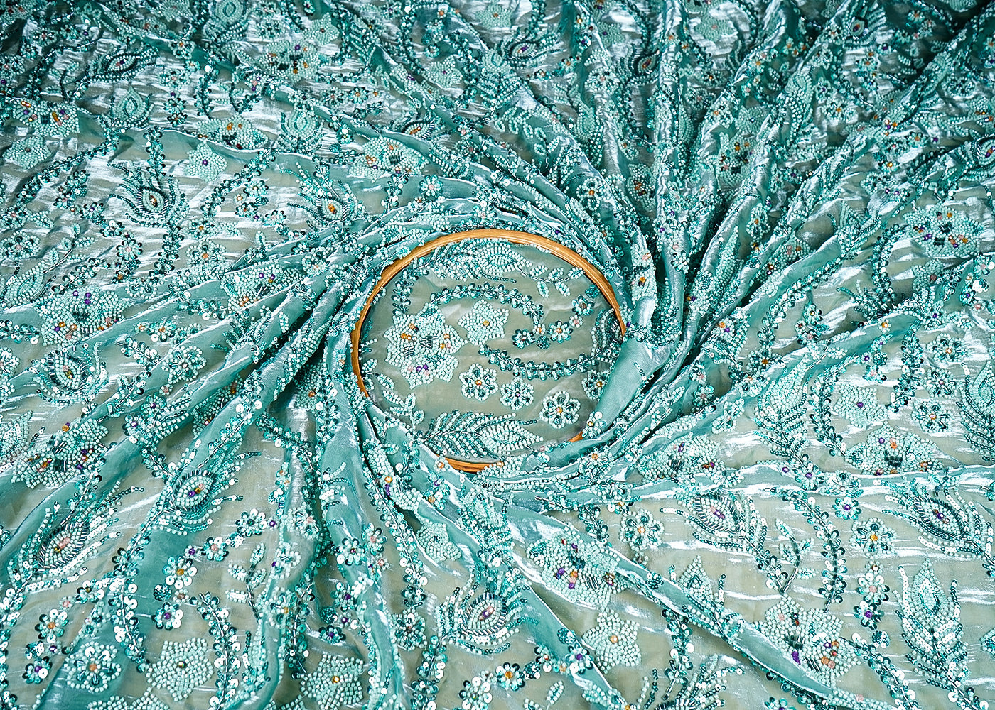 (Pre-Cut 1.7 Mtr) Rama Green Organza Satin Fabric With All Over Katdana, Sequins And Bead Work 18849