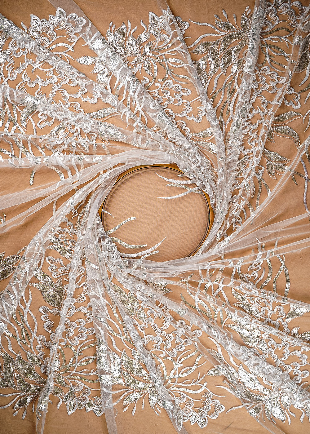 (Pre-Cut 3.75 Mtr) White Net Fabric With All Over Thread, Sequins And Katdana Work With Two Side Border 18850