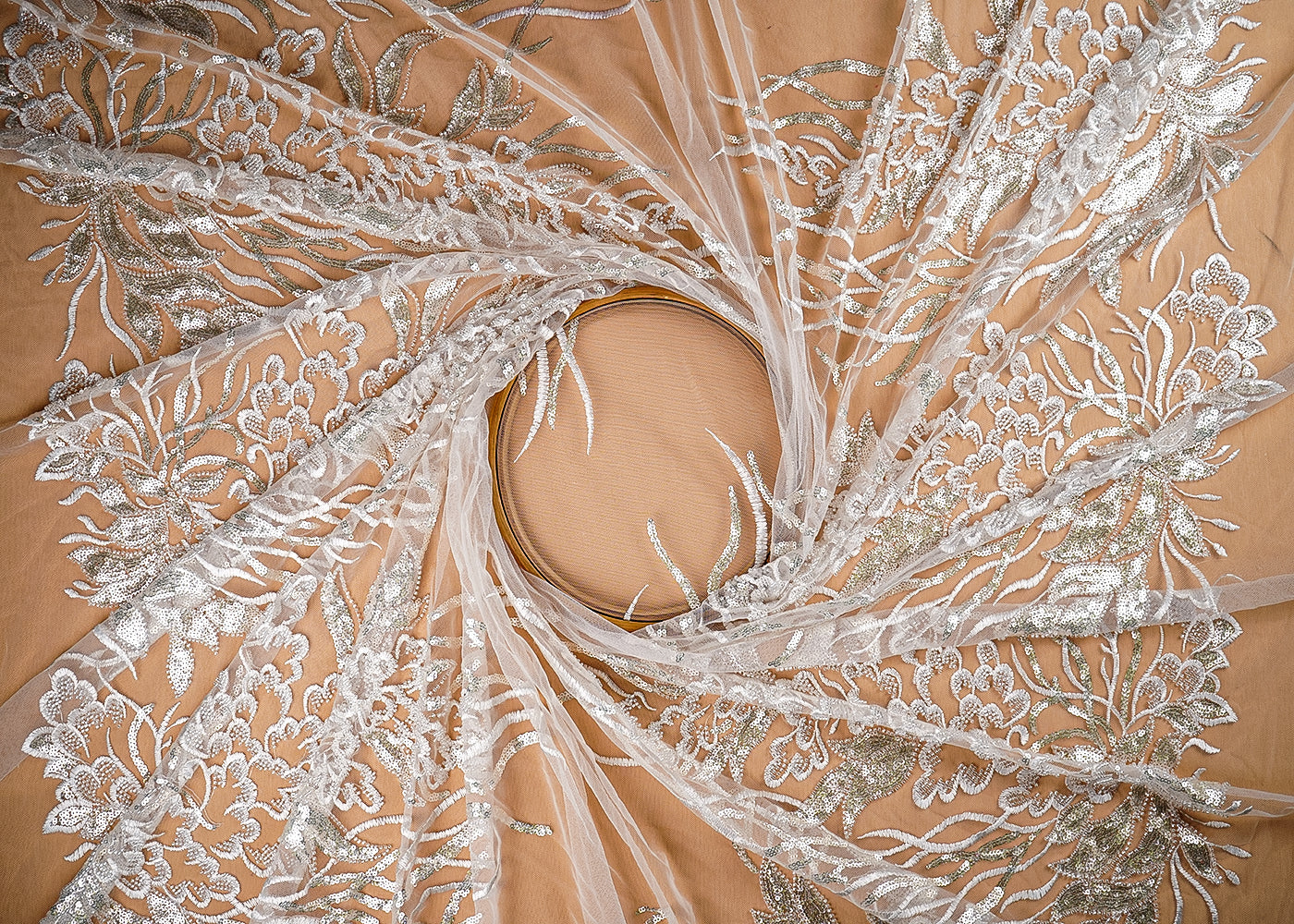 (Pre-Cut-3.75-Mtr)-White-Net-Fabric-With-All-Over-Thread,-Sequins-And-Katdana-Work-With-Two-Side-Border-18850