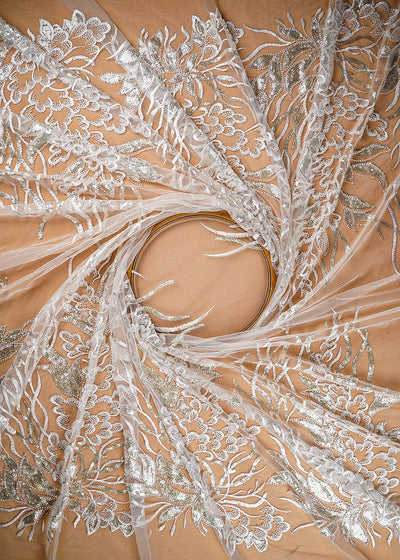 (Pre-Cut 3.75 Mtr) White Net Fabric With All Over Thread, Sequins And Katdana Work With Two Side Border 18850