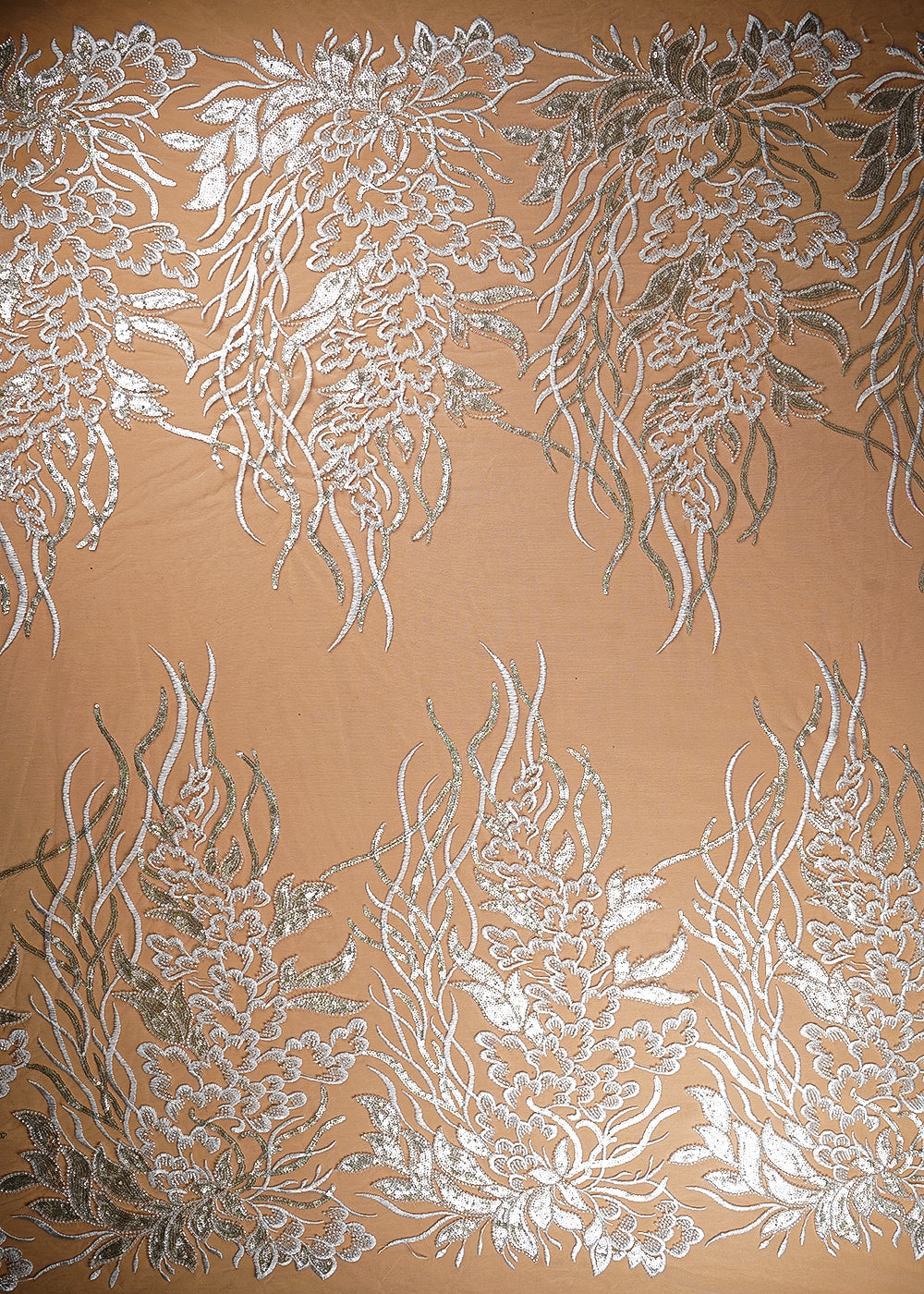 (Pre-Cut 3.75 Mtr) White Net Fabric With All Over Thread, Sequins And Katdana Work With Two Side Border 18850