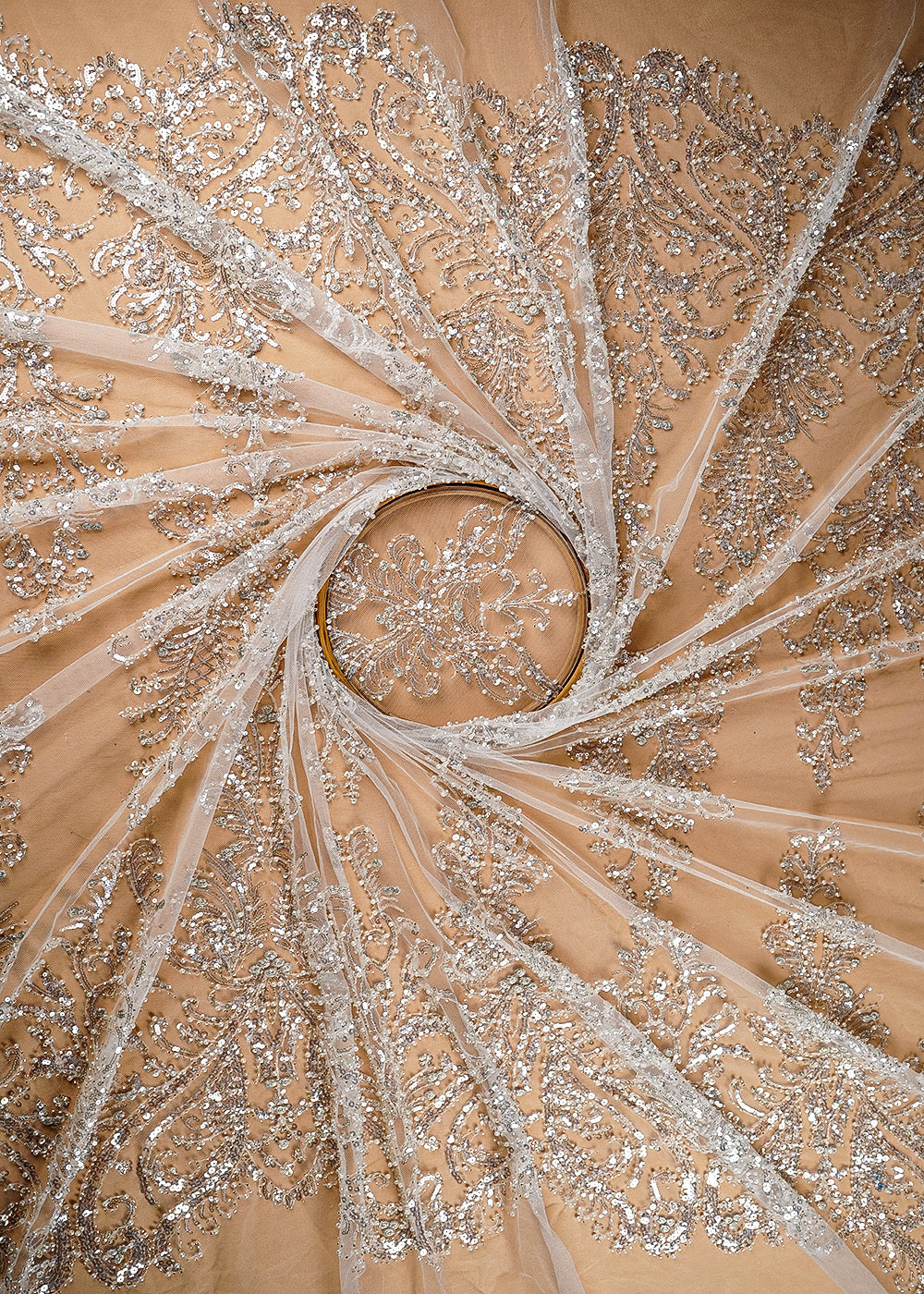 (Pre-Cut 3.15 Mtr) White Net Fabric With All Over Katdana, Sequins, Zari And Bead Work 18853