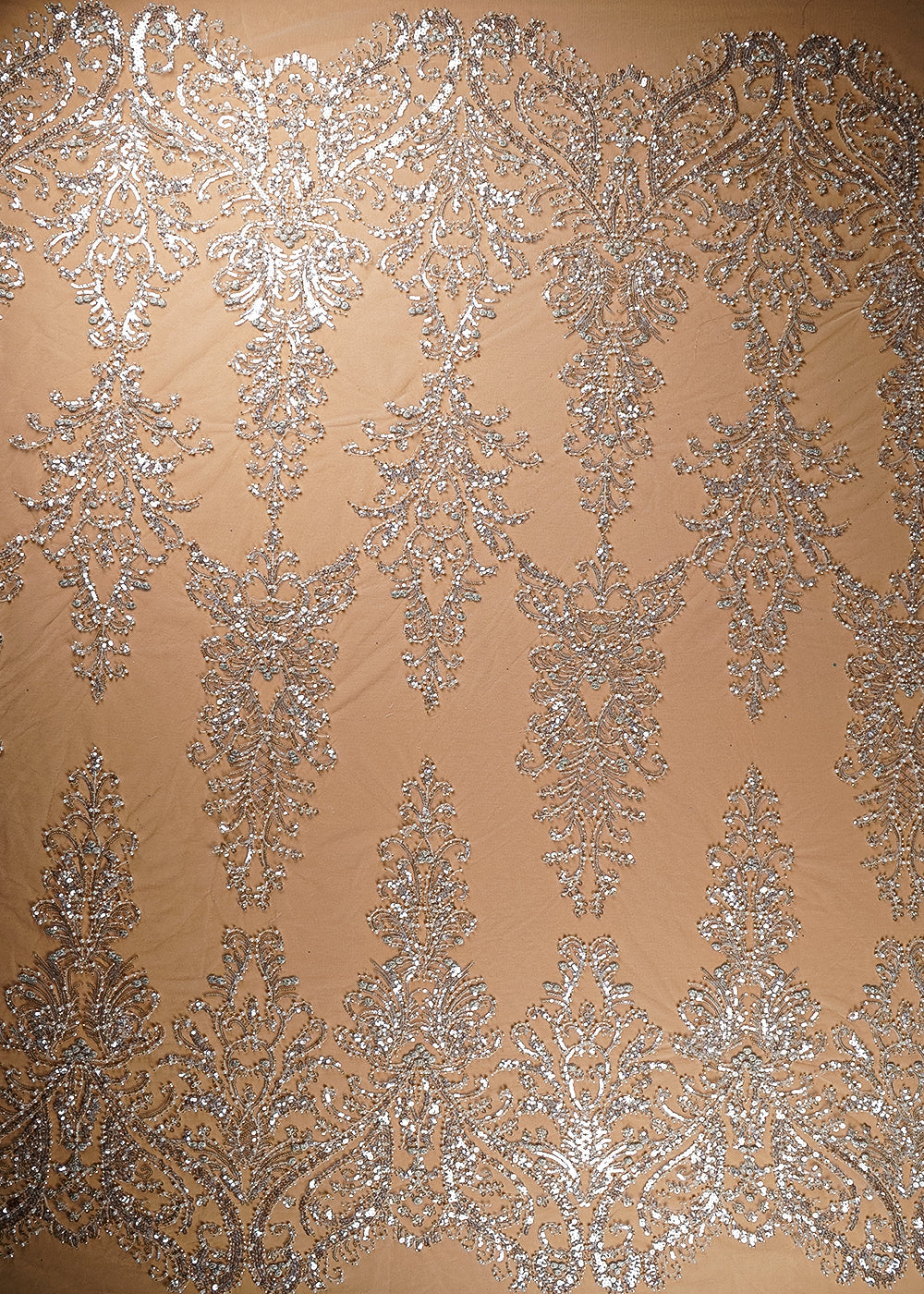 (Pre-Cut 3.15 Mtr) White Net Fabric With All Over Katdana, Sequins, Zari And Bead Work 18853