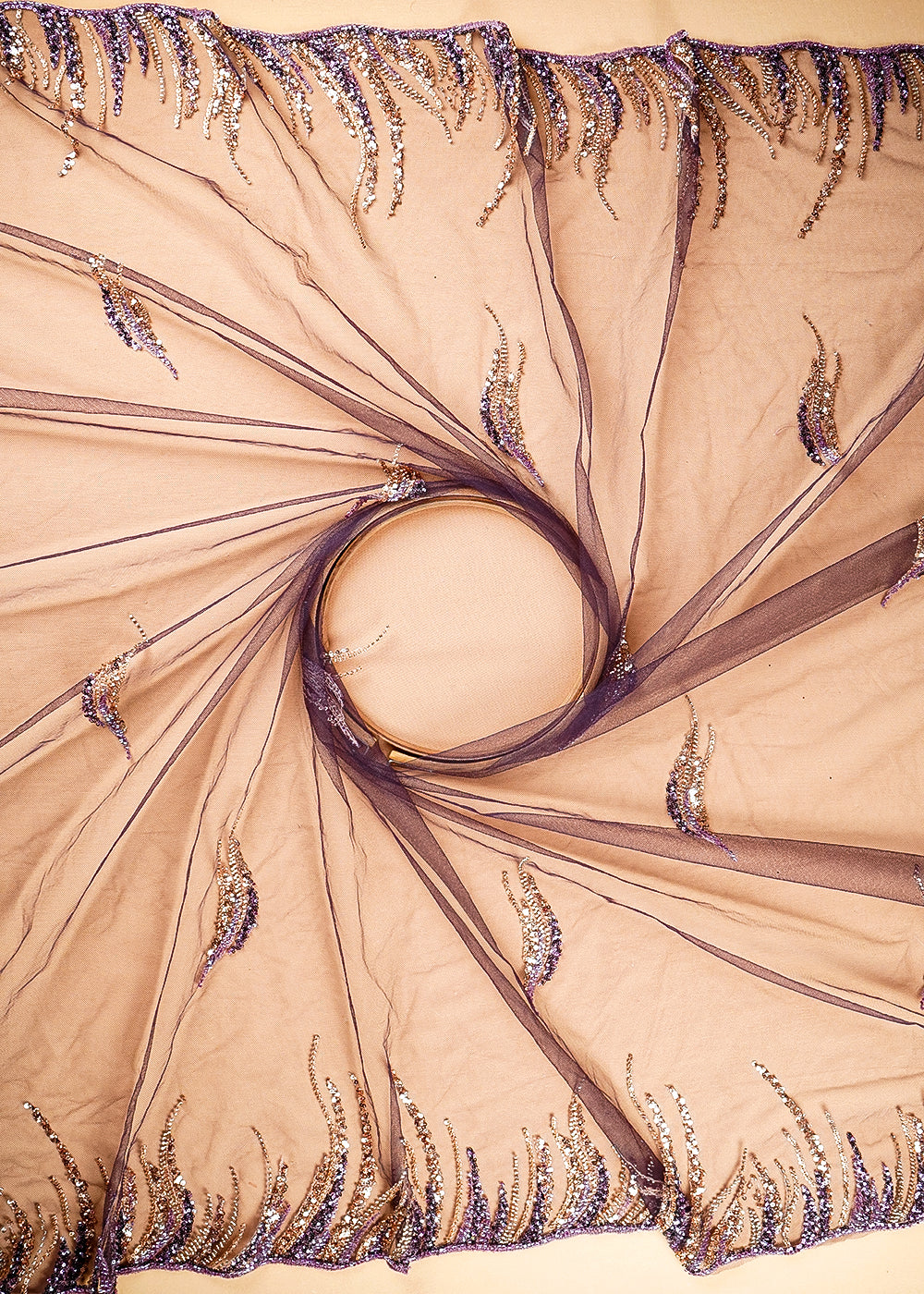 (Pre-Cut 2.1 Mtr) Purple Net Fabric With All Over Katdana, Sequins And Bead Work With Two Side Border 18855