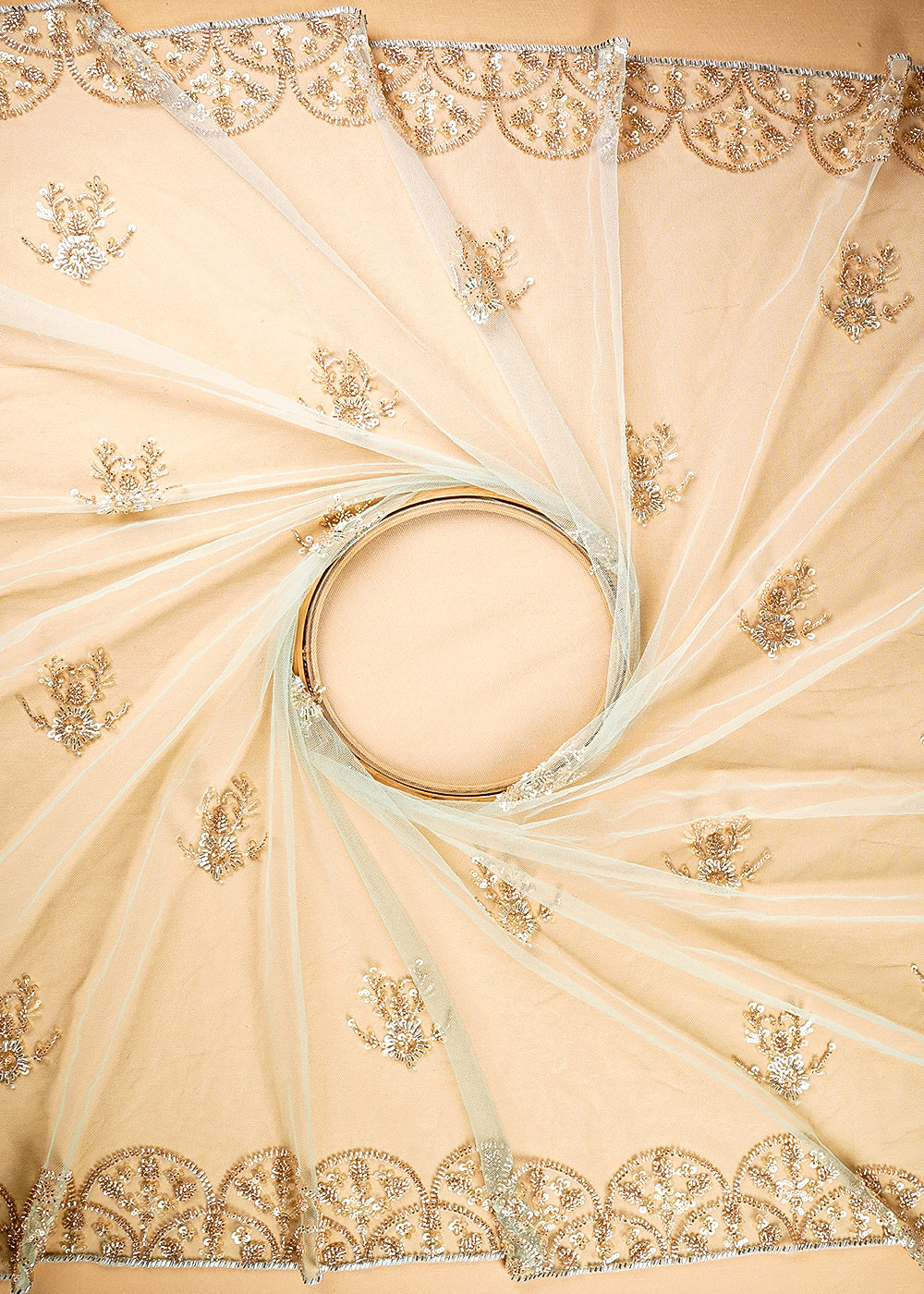 (Pre-Cut 1.35 Mtr) Mint Green Net Fabric With All Over Katdana And Sequins With Two Side Border 18856