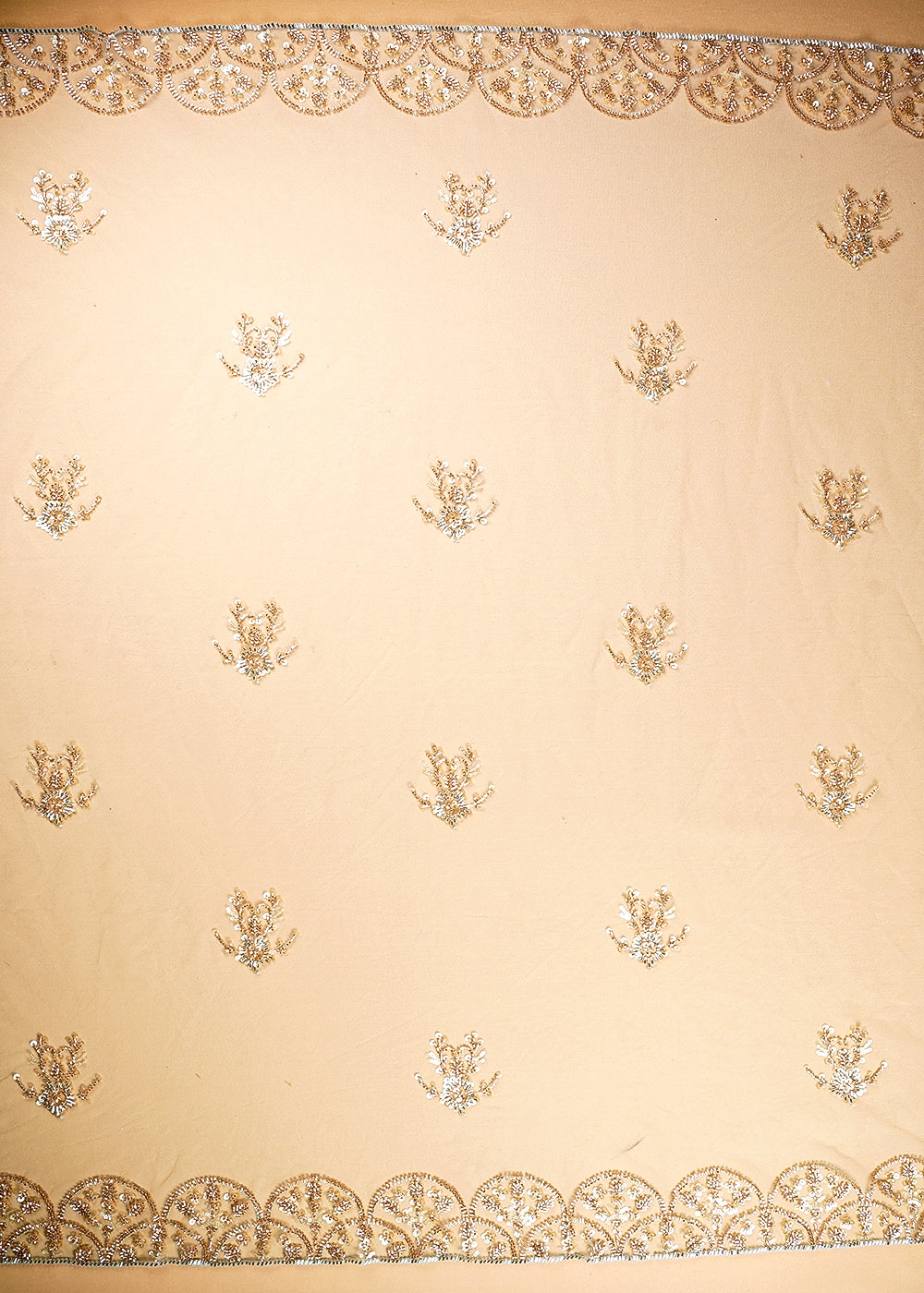 (Pre-Cut 1.35 Mtr) Mint Green Net Fabric With All Over Katdana And Sequins With Two Side Border 18856