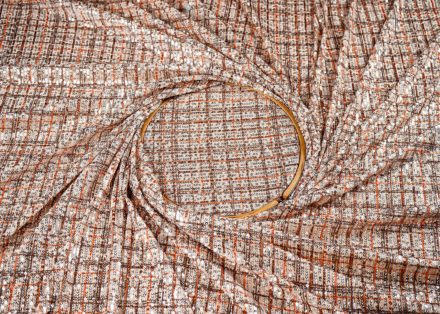 (Pre-Cut 3.6 Mtr) Cream Lycra Net Fabric With All Over Sequins Work 18857