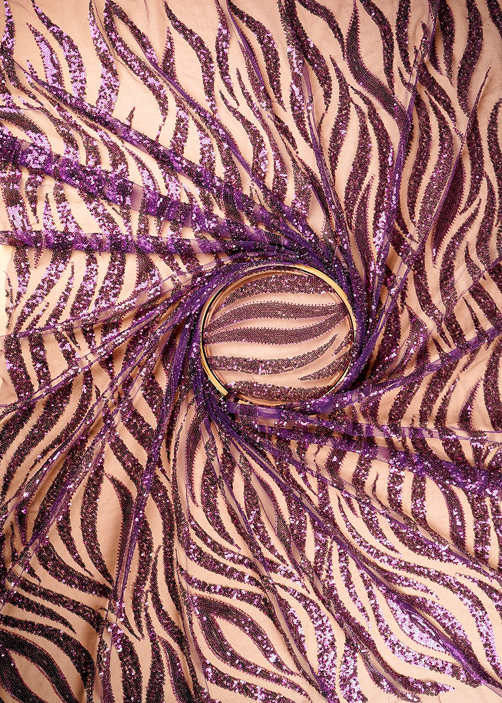 (Pre-Cut 1 Mtr) Purple Net Fabric With All Over Sequins And Bead Work 18858
