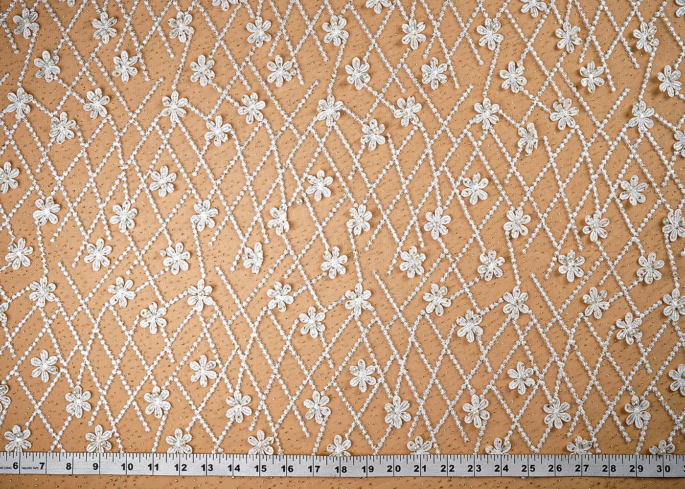 (Pre-Cut 5.45 Mtr) White Net Fabric With All Over Gliter, Thread And Bead Work With 3D Flowers 18859