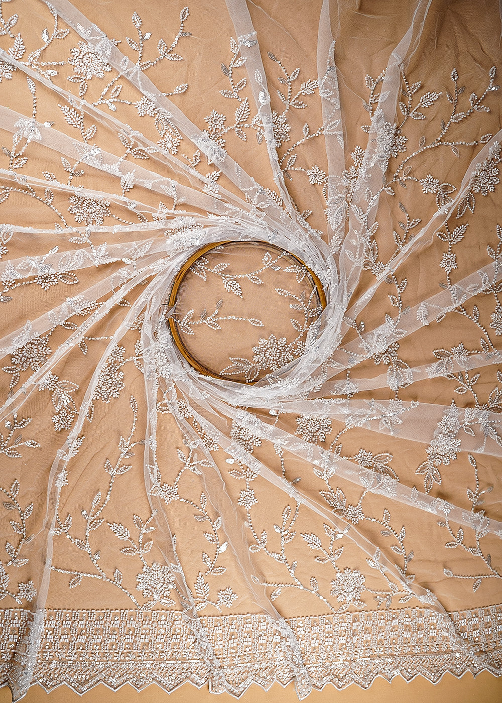 (Pre-Cut 2.6 Mtr) White Net Fabric With All Over Sequins And Bead Work With One Side Border 18862