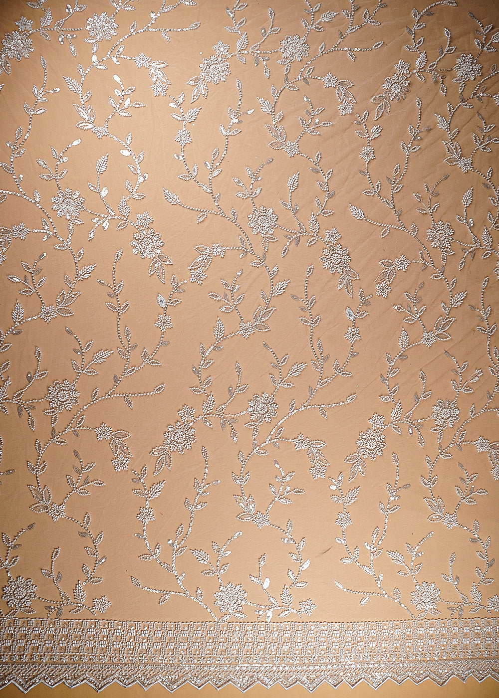 (Pre-Cut 2.6 Mtr) White Net Fabric With All Over Sequins And Bead Work With One Side Border 18862