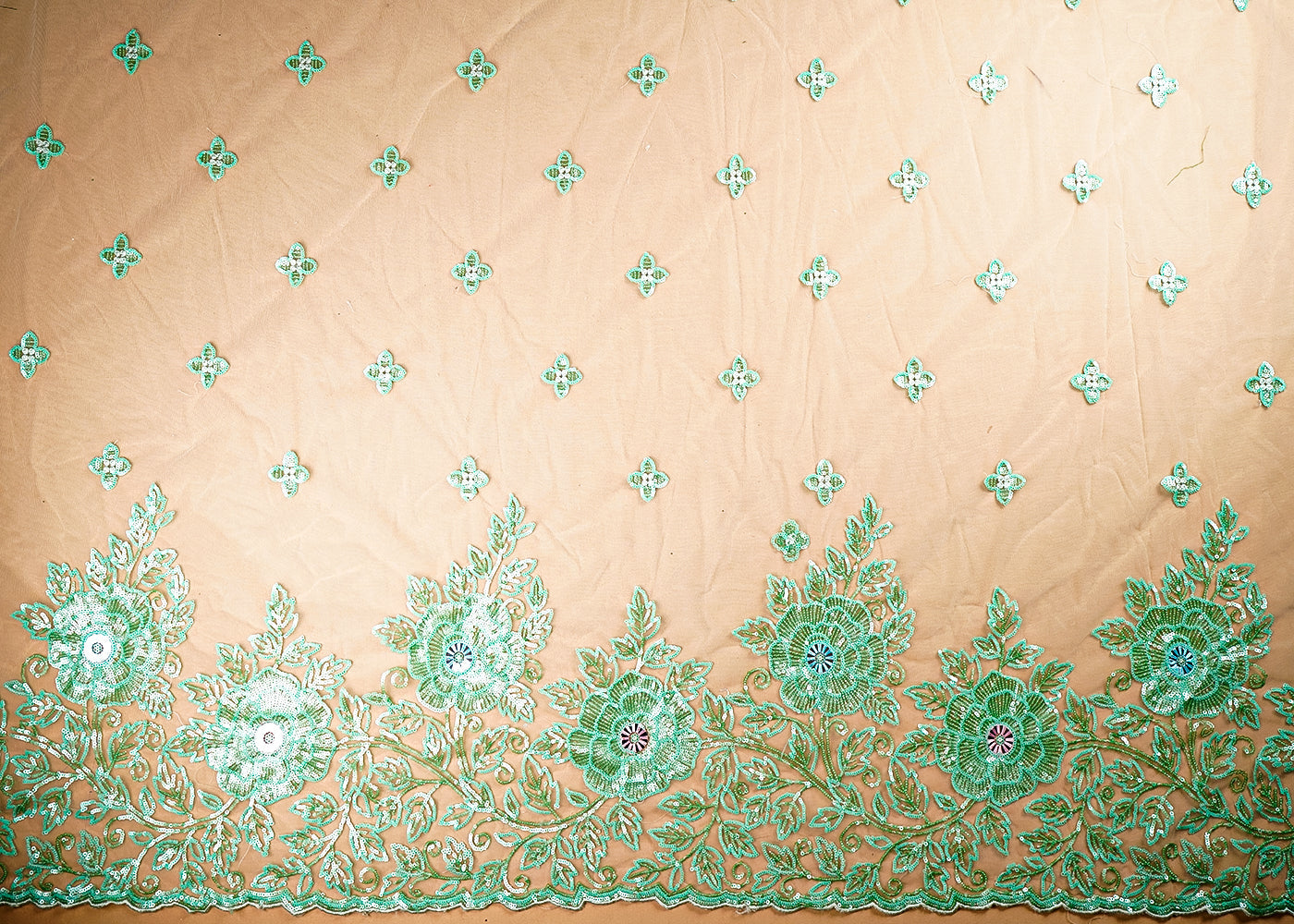 (Pre-Cut 2.35 Mtr) Mint Green Net Fabric With All Over Sequins Work With One Side Border 18865
