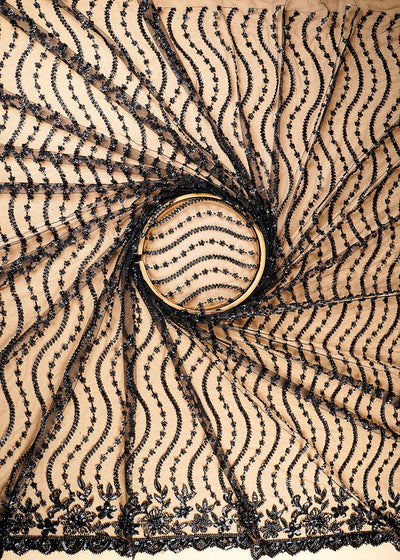 (Pre-Cut 2 Mtr) Black Net Fabric With All Over Bead And Sequins Work 18869