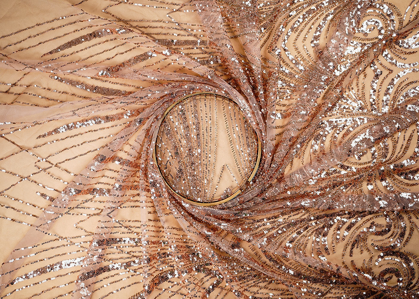 (Pre-Cut-1-MTR)-Rose-Gold-Net-Fabric-With-All-Over-Katdana,-Sequins-And-Bead-Work-18870