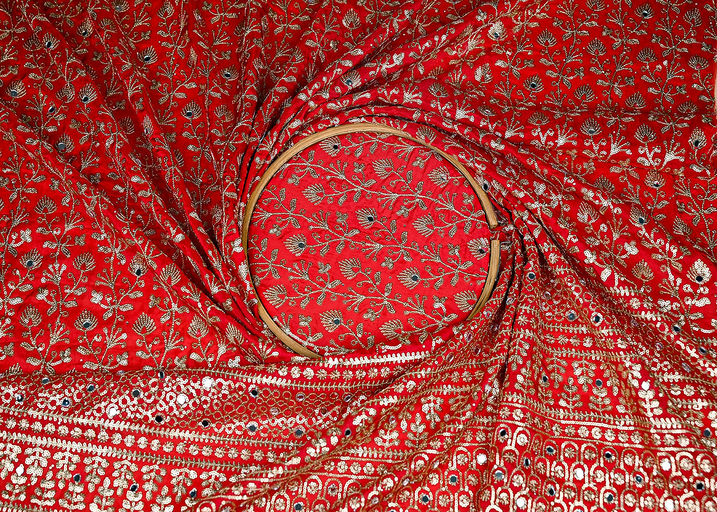 (Pre-Cut-1-MTR)-Red-Organza-Fabric-With-All-Over-Sequins-And-Faux-Mirror-Work-With-One-Side-Border-18879
