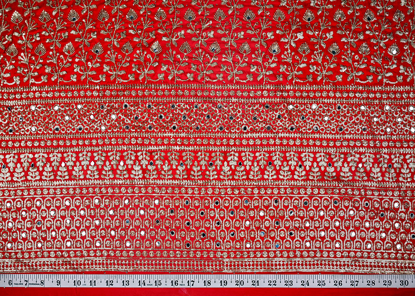 (Pre-Cut-1-MTR)-Red-Organza-Fabric-With-All-Over-Sequins-And-Faux-Mirror-Work-With-One-Side-Border-18879-measurement-view