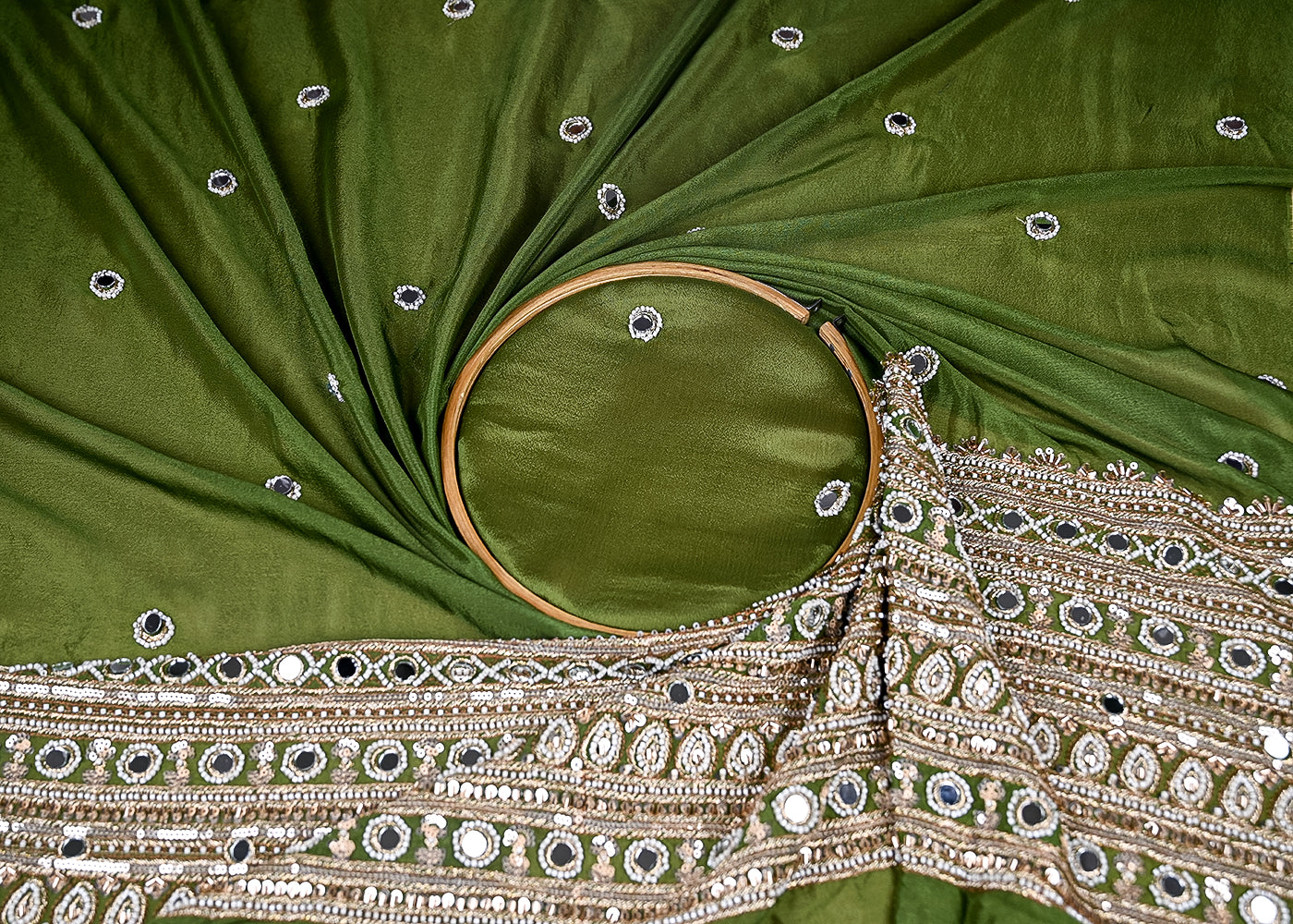 (Pre-Cut-1-MTR)-Mehendi-Green-Chinon-Chiffon-Fabric-With-All-Over-Buti-Of-Bead-And-Katdana-Work-With-One-Side-Border-18884