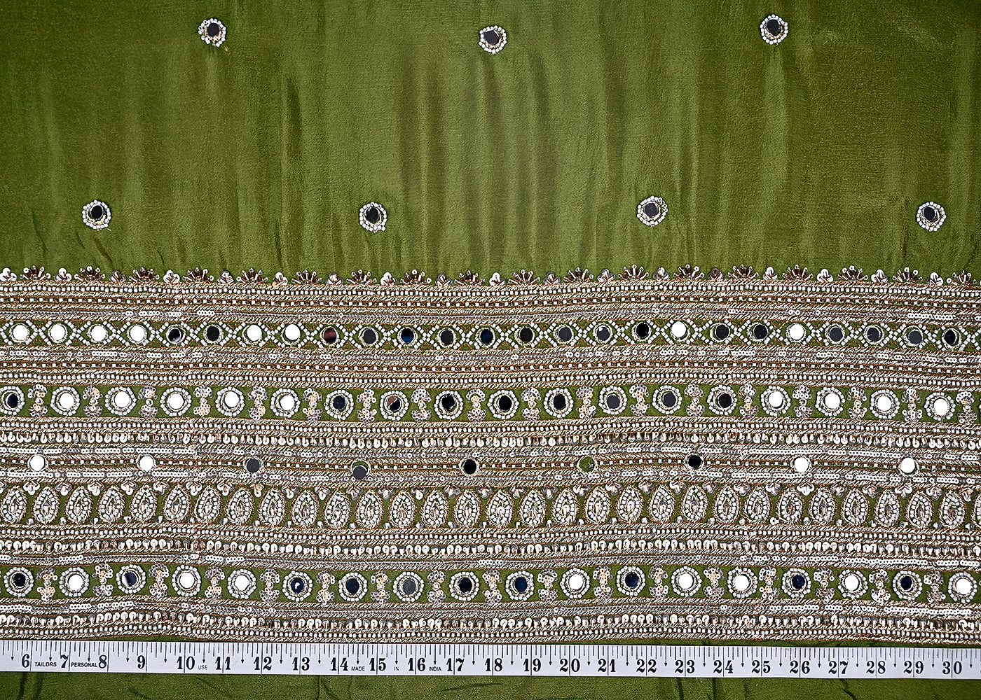 (Pre-Cut-1-MTR)-Mehendi-Green-Chinon-Chiffon-Fabric-With-All-Over-Buti-Of-Bead-And-Katdana-Work-With-One-Side-Border-18884-measurement-view