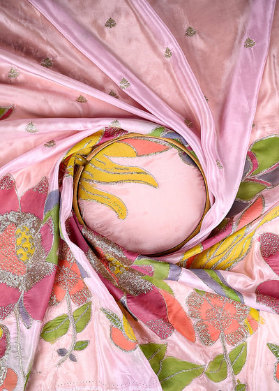 (Pre-Cut 2.4 MTR) Pink Organza Fabric With All Over Zari And Sequins With Multi Color Border 18893