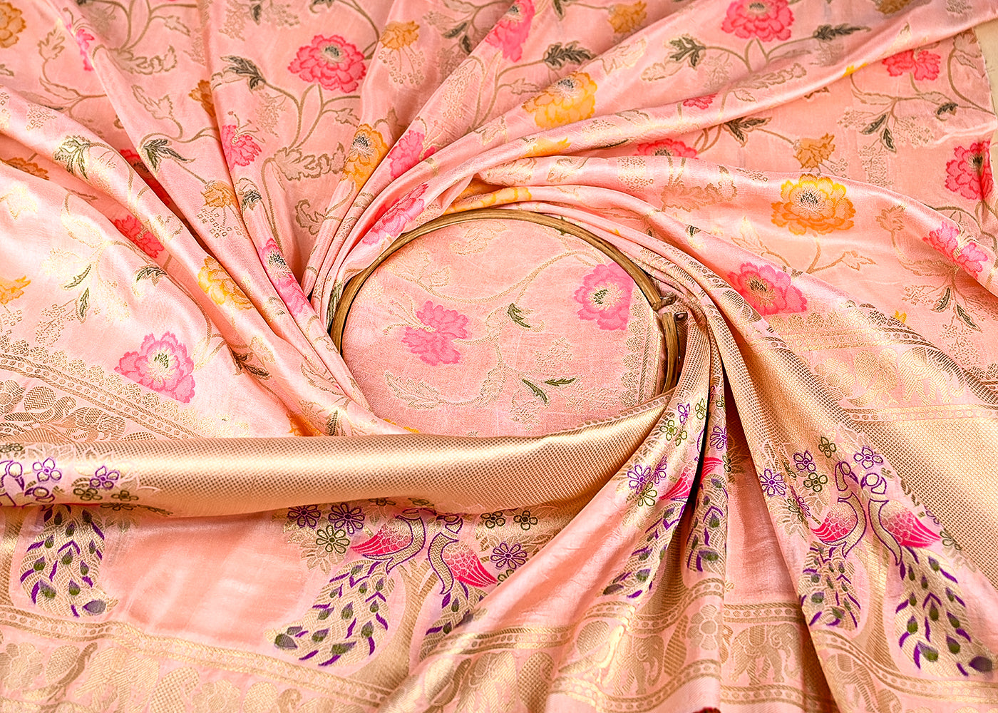 (Pre-Cut 1.1 MTR) Peach Banarasi Silk Fabric With All Over Zari Handloom With One Side Border 18897