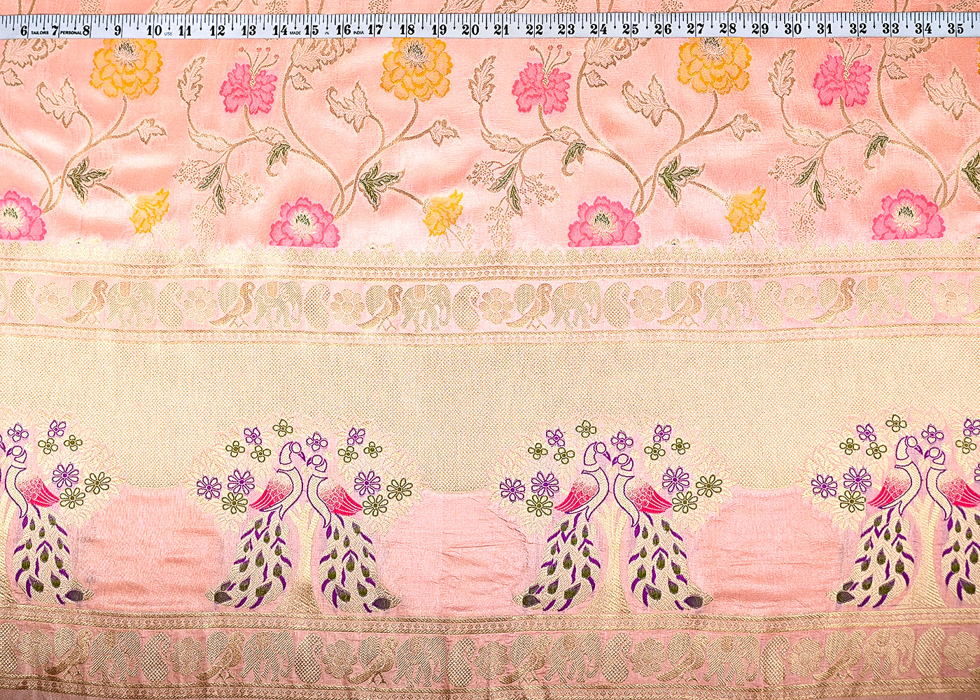(Pre-Cut 1.1 MTR) Peach Banarasi Silk Fabric With All Over Zari Handloom With One Side Border 18897